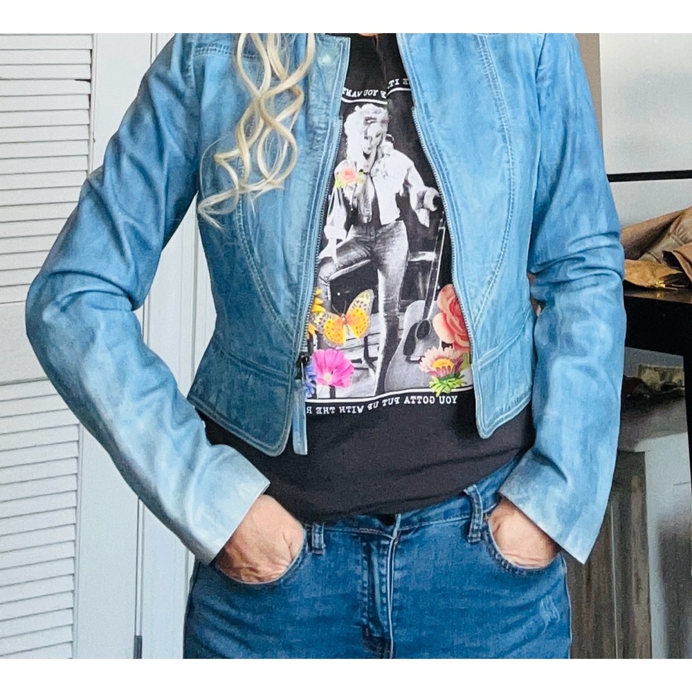 Cropped Baby Blue Leather Jacket